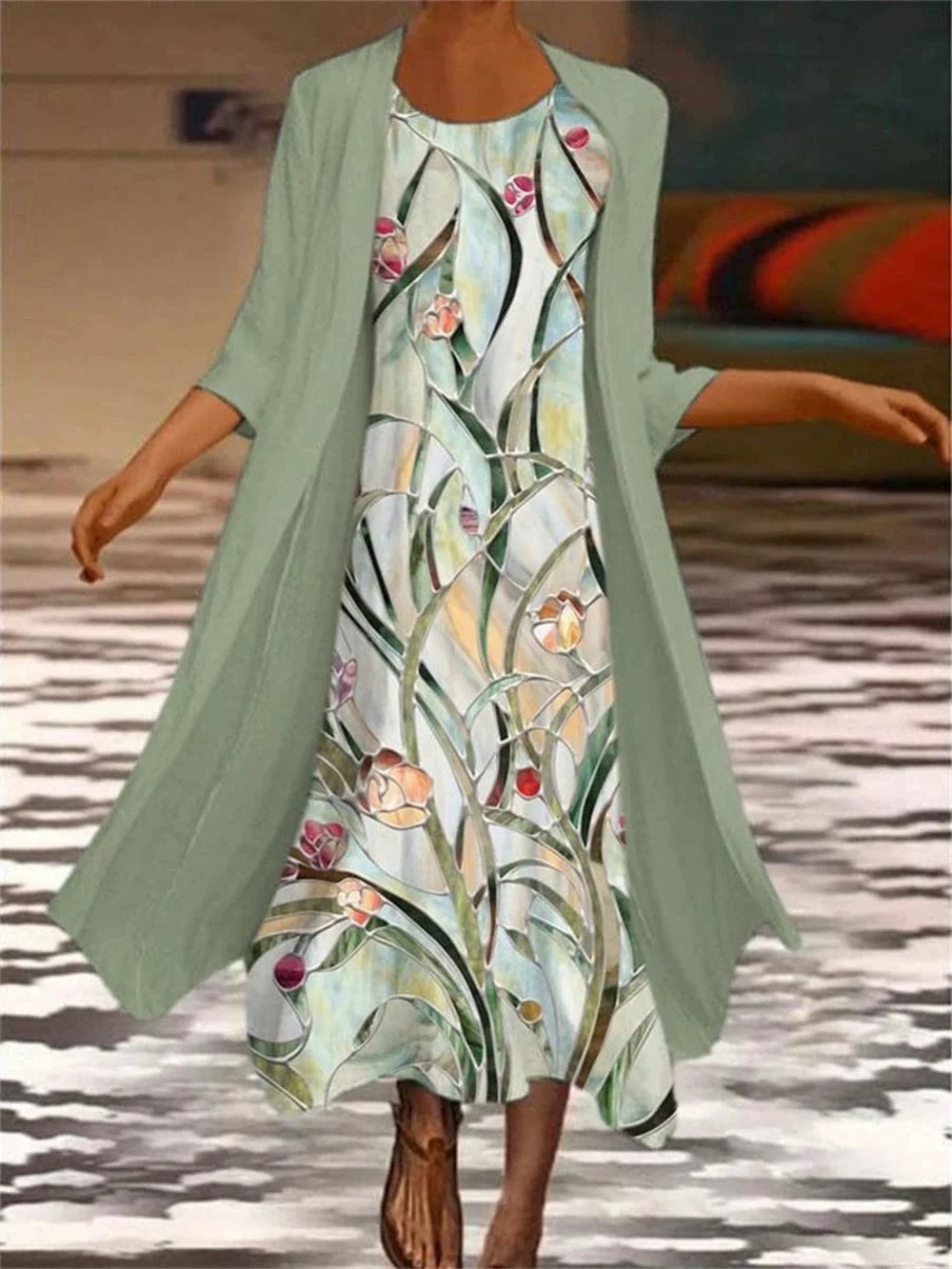 ZARA Elegant Fashion Digital Print Plus Size Two Piece Dress Set - Picture 1 of 3
